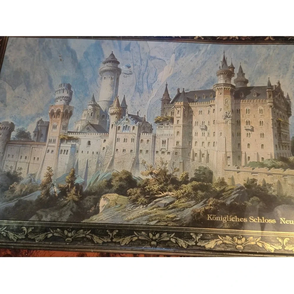 Vintage Neuschwanstein Castle Large‎ Metal Tin Box Germany Gothic Faux Burl 14in